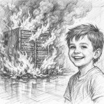big server on fire and evil smiling kid
