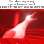 “The left engine is about to explode!” | Pilot: about to give very important announcement.
That baby that has been quite the entire flight: | image tagged in user used - read tags -,it wasnt very effective | made w/ Imgflip meme maker