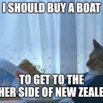 New Zelend | I should buy a boat; To get to the other side of new zealend | image tagged in memes,i should buy a boat cat | made w/ Imgflip meme maker