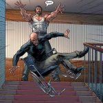 Wolverine throws Prof. X down stairs