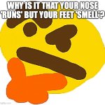 Opposite | Why is it that your nose 'runs' but your feet 'smell'? | image tagged in hmmmmmmmm,fun | made w/ Imgflip meme maker