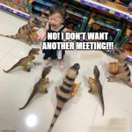 No more meetings | No! I don't want another meeting!!! | image tagged in crying kid with dinosaurs,meeting,standup | made w/ Imgflip meme maker