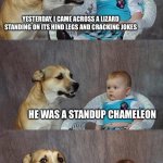 Baddum-tss!! | Yesterday, I came across a lizard standing on its hind legs and cracking jokes; He was a standup chameleon | image tagged in memes,dad joke dog | made w/ Imgflip meme maker