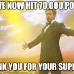 Thank you | I have now hit 70,000 points; thank you for your support | image tagged in tony stark success | made w/ Imgflip meme maker