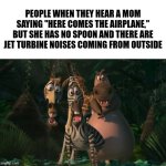 Marty, Gloria, & Melman Traumatized with Spacing | People when they hear a mom saying "here comes the airplane," but she has no spoon and there are jet turbine noises coming from outside | image tagged in marty gloria melman traumatized with spacing | made w/ Imgflip meme maker