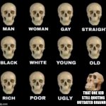 here's a list of different types of skulls | that one kid still quoting outdated brainrot | image tagged in idiot skull | made w/ Imgflip meme maker
