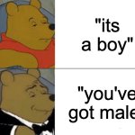A place for good ol' fun content that appeals to everyone! Humor, memes, gifs, and kittens are all welcome here. | "its a boy"; "you've got male" | image tagged in memes,tuxedo winnie the pooh | made w/ Imgflip meme maker