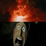 Distortus Rex scares Mayor Jerry | image tagged in distortus rex scares who blank meme,deviantart,hoppers,jurassic world,pixar,disney | made w/ Imgflip meme maker