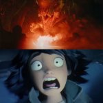 Distortus Rex scares  Mabel Tanaka | image tagged in distortus rex scares who blank meme,deviantart,hoppers,jurassic world,disney,pixar | made w/ Imgflip meme maker