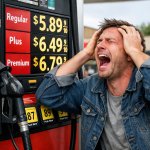 A person looking a gas pump crying and yelling at how high the p