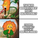 angry flower | Teachers when a student fights back to a bully; Teachers when a bully is 4 slaps away from murder | image tagged in angry flower | made w/ Imgflip meme maker