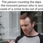 Prison | The person counting the days until the innocent person who is wrongly accused of a crime to be out of prison: | image tagged in gifs,prison,memes,counting,blank white template,accused | made w/ Imgflip video-to-gif maker