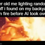 how many people actually did this as kids | 6yr old me lighting random stuff i found on my backyard on fire before AI took over | image tagged in gifs,childhood,memes,fire | made w/ Imgflip video-to-gif maker