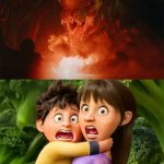 Stevie and Elliot Ting are scared of Distortus Rex | image tagged in stevie and elliot ting are scared of template,in your dreams,jurassic world,universal studios,netflix,deviantart | made w/ Imgflip meme maker