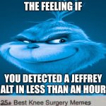 Blue Grinch Knee Surgery template | The feeling if; You detected a jeffrey alt in less than an hour | image tagged in blue grinch knee surgery template | made w/ Imgflip meme maker