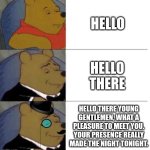Tuxedo Winnie the Pooh (3 panel) | Hello; Hello there; hello there young gentlemen, what a pleasure to meet you. Your presence really made the night tonight. | image tagged in tuxedo winnie the pooh 3 panel | made w/ Imgflip meme maker