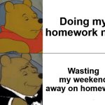 Procrastinating | Doing my homework now; Wasting my weekend away on homework | image tagged in memes,tuxedo winnie the pooh | made w/ Imgflip meme maker