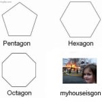 myhouseisgon | myhouseisgon | image tagged in memes,pentagon hexagon octagon,hose,disaster girl | made w/ Imgflip meme maker
