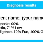 Diagnosis | Patient name: (your name); Diagnosis: 99% Autistic, 71% Low Intelligence, 12% Fun, 100% Gay | image tagged in diagnosis results,funny memes | made w/ Imgflip meme maker