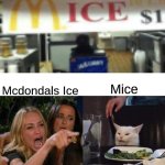 design fail | Mcdondals Ice; Mice | image tagged in memes,woman yelling at cat,food,funny | made w/ Imgflip meme maker