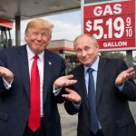 Trump and Putin smiling and shrugging their shoulders. They are