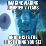 Avatar guy | Imagine waking up after 2 years; And this is the first thing you see | image tagged in avatar guy | made w/ Imgflip meme maker