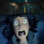 Mutadon scares Mabel Tanaka | image tagged in mutadon scares who blank meme,deviantart,jurassic world,hoppers,disney,pixar | made w/ Imgflip meme maker