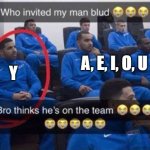 Vowels in a nutshell | a, e, i, o, u; y | image tagged in bro thinks he's on the team | made w/ Imgflip meme maker