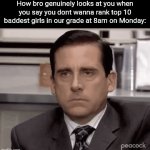 Title³³ | How bro genuinely looks at you when you say you dont wanna rank top 10 baddest girls in our grade at 8am on Monday: | image tagged in gifs,funny,meme,memes,funny meme,funny memes | made w/ Imgflip video-to-gif maker
