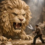 paper lion faces man with scissors