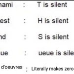 Literally every letter is almost silent | Literally makes zero sense; Hors d'oeuvres | image tagged in is silent,hors d'oeuvres | made w/ Imgflip meme maker
