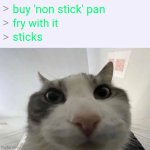 Those bastards lied to me! | buy 'non stick' pan; fry with it; sticks | image tagged in greentext 'look inside' x meme,memes,false advertising,sticky situation | made w/ Imgflip meme maker