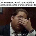 Scoince | When someone asks me what the abbreviation is for bromine monoxide | image tagged in i guess bro | made w/ Imgflip meme maker