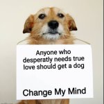 Change My Mind Dog | Anyone who desperatly needs true love should get a dog | image tagged in change my mind dog | made w/ Imgflip meme maker