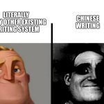 This is partially from experience btw | Chinese writing; Literally every other existing writing system | image tagged in teacher's copy,mr incredible,mr incredible becoming uncanny,memes,language | made w/ Imgflip meme maker