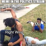 Guy recording a fight | How it feels scrolling the comments of a meme in the politics stream:; Me; Right Wing; Left Wing | image tagged in guy recording a fight,memes,funny,politics | made w/ Imgflip meme maker