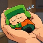 Mini Kyle from South Park sleeping in someone’s hands meme