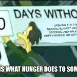 I get hungry (and a desperate need of a snack) all of the time. | Opening the fridge, staring blankly inside for 30 seconds, and walking away empty-handed or with something; This is what hunger does to someone | image tagged in 0 days without lenny simpsons,meme | made w/ Imgflip meme maker