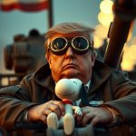 Trump the Iran War President drives a tank with Snoopy