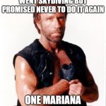 Why else do you think it's so deep? | Chuck Norris once went skydiving but promised never to do it again; One Mariana Trench is enough | image tagged in memes,chuck norris flex,chuck norris,skydiving,powerful,ocean | made w/ Imgflip meme maker