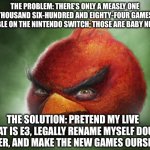 Realistic Angry Birds Red | the problem: there’s only a measly one thousand six-hundred and eighty-four games available on the nintendo switch; those are baby numbers; the solution: pretend my live chat is e3, legally rename myself doug bowser, and make the new games ourselves | image tagged in realistic angry birds red | made w/ Imgflip meme maker