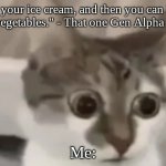 I just can't. | "Eat your ice cream, and then you can have your vegetables." - That one Gen Alpha parent; Me: | image tagged in bombastic side eye cat,parents,gen alpha,certified bruh moment,wtf,oh wow are you actually reading these tags | made w/ Imgflip meme maker