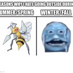 Image title | reasons why i hate going outside during; summer/spring; winter/fall | image tagged in comparison table,summer,winter,bugs,cold | made w/ Imgflip meme maker