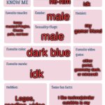PKMN's Get to Know Me | 13-ish; starts with a j; he-him; idk; male; my gamer friend; honey mustard Pringles, Cheeto puffs, root beer; male; dark blue; either portal, geometry dash, or minecraft; idk; Legos, reading, video games, imgflip; I like techno(similar outskirts is my fav), I TRY to be neutral as far as politics go | image tagged in pkmn's get to know me | made w/ Imgflip meme maker