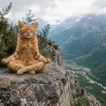 Cat meditating on a mountain