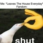 Fandom Fired Me & Shut Down BabyTV Fanon, I’m Cutting Back On Leaving The House | Me: *Leaves The House Everyday*
Fandom: | image tagged in shut | made w/ Imgflip meme maker