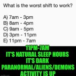 Funny | 11pm-7am 
It's natural sleep hours 
It's dark 
Paranormal/aliens/demons activity is up | image tagged in funny,work,schedule,timing,aliens,demons | made w/ Imgflip meme maker