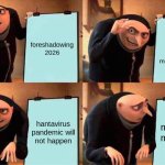day 2 of posting a meme till 7500 pts (will i be correct) stay tuned (i just hope last one not happens | foreshadowing 2026; gta 6 will come out 19 movember 2026; hantavirus pandemic will not happen; i might lose my imgflip account | image tagged in memes,gru's plan | made w/ Imgflip meme maker