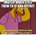 Why Didnt I Think Of That? | Imgflip when I tell them to ip ban Jeffrey | image tagged in why didnt i think of that | made w/ Imgflip meme maker