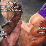 Hahaha! Attack the enemies with Motorbike goes vroom vroom! | Starlight Billy from Zenless Zone Zero; Wario from Super Smash Bros; Attack their opponent with Motorbike; Mavuika from Genshin Impact; Dante from Devil may cry | image tagged in four arm handshake,motorbike | made w/ Imgflip meme maker